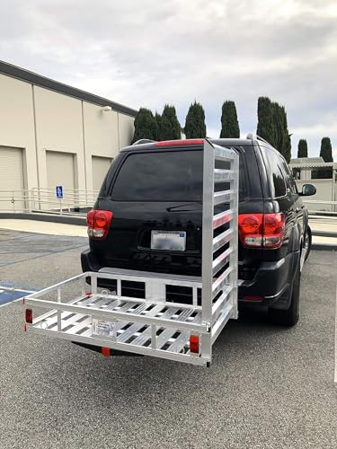 MaxxHaul 50945 50 inch x 29.5 inch Trailer Hitch Mount Aluminum Mobility Carrier with 47 inch Ramp and Hitch Tightener for RV Trucks SUV Vans Cars - 500 lb. Capacity