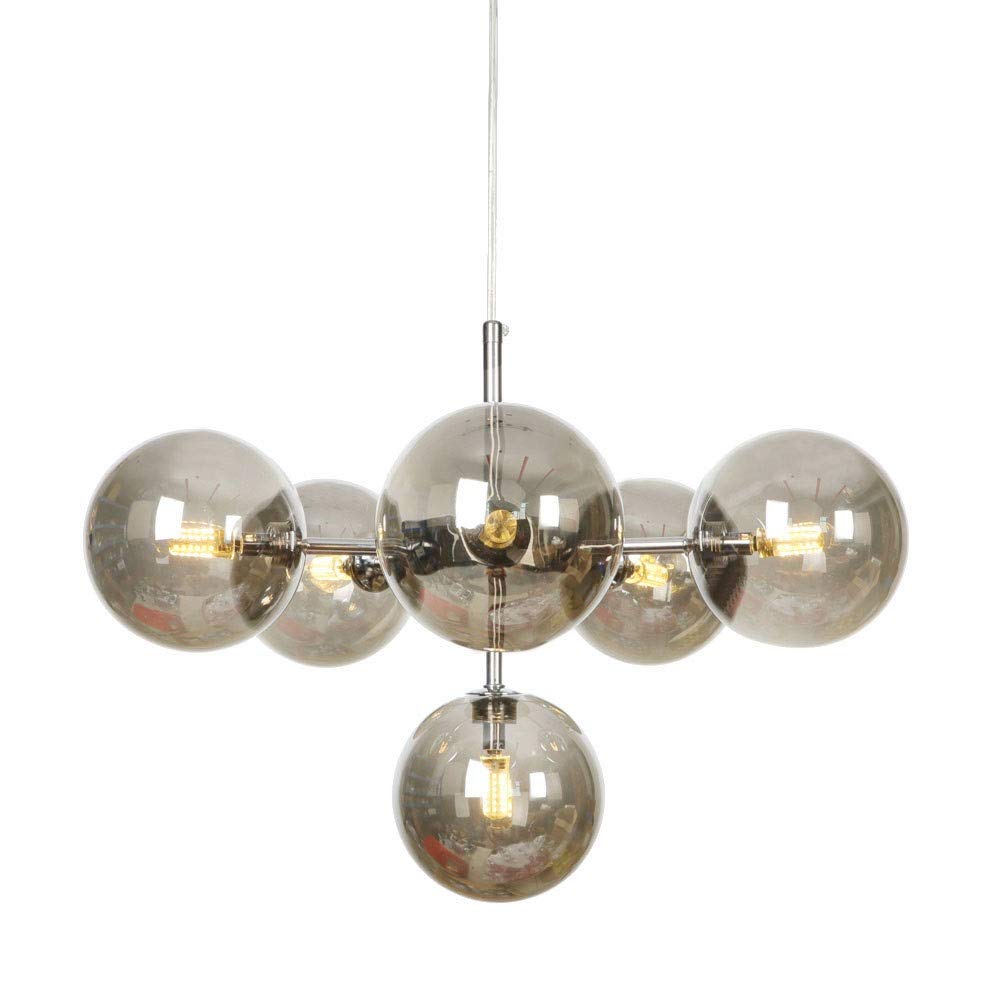 Lustre industriel Sputnik 6 lumières en verre fumé chrome pour îlot de cuisine moderne