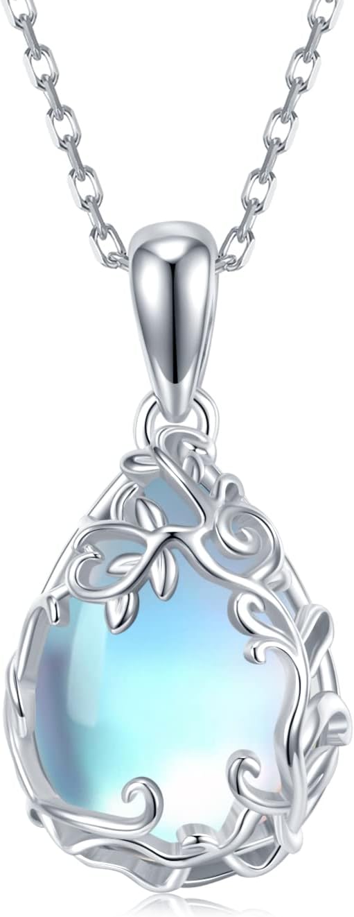 Teardrop Moonstone/Turquoise Necklace for Women 925 Sterling Silver Cage Filigree Necklaces Anniversary Birthday Jewelry Gift for Women