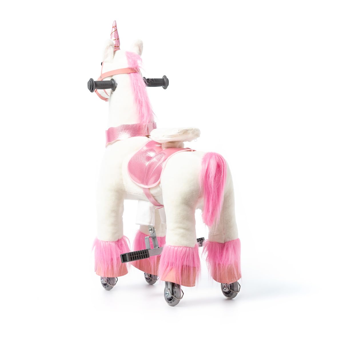 Caballo mecánico Infantil de Peluche Unicornio Rosa Talla S con Pedales Ruedas PU Asiento ergonómico y Asas de Madera Ponyride Iris ATAA Toys