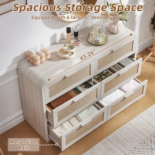 Image of LEYAOYAO Rattan 6 Drawer Dresser for Bedroom, Grey White | Modern 49 inch Wide Curved Dressers & Chests of Drawers with Solid Wood Handle & 5 inch Deep Drawers & Anti-Tip Safety