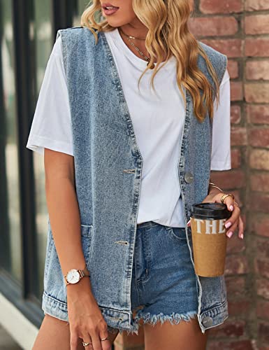 Denim Jean Vest for Women Oversized Lightweight Collarless Sleeveless Button Down Denim Waistcoat Jacket2