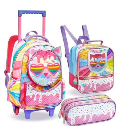 Kit Mochila De Rodinha Escolar Infantil Feminina Com Alça Lancheira Estojo Estampa de Coração E Sorvete 2 Em 1