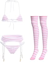 ABAFIP Kawaii Anime Lingerie Set for Petite Women: Cute Halter Micro Bra, Tiny Panty, Garter Belt & Striped Stockings 4PCS
