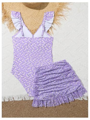 OYOANGLE Girl's Cute Ditsy Floral Print Cut Out Ruffle One Piece Swimsuit with Beach Skirt Cover Up Swimwear2