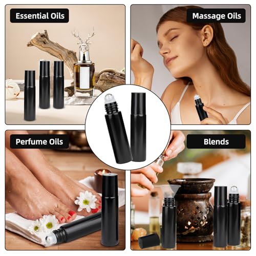 10ML Glass Essential Oil Roller Bottles,24 Pack black Oil Roller Bottles for Essential Oils, refillable rollerball bottle(24 Labels, Opener, Funnel, Dropper Included)3