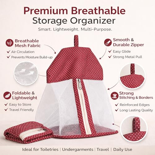 Image of Kuber Industries 2 Pcs Cotton Dot Print Net Storage Hanging Organizer Bag for Undergarment | See Through Hanging Innerwear Organiser For Wardrobe | Maroon