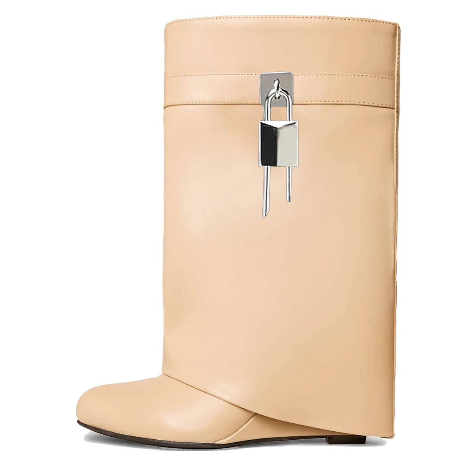 Yishaweiqi Padlock Ankle Boots Fold Over Wedge Heel Booties Wide-calf Short Boot