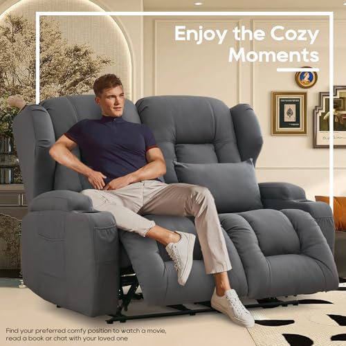 Image of IPKIG 54.2 inch RV Loveseat Recliner Sofa, Leathaire Fabric Wall Hugger Reclining Chair with Cup Holder and Side Pockets, Home Theater Seating Manual Recliner for Living Room (Grey, Loveseat)