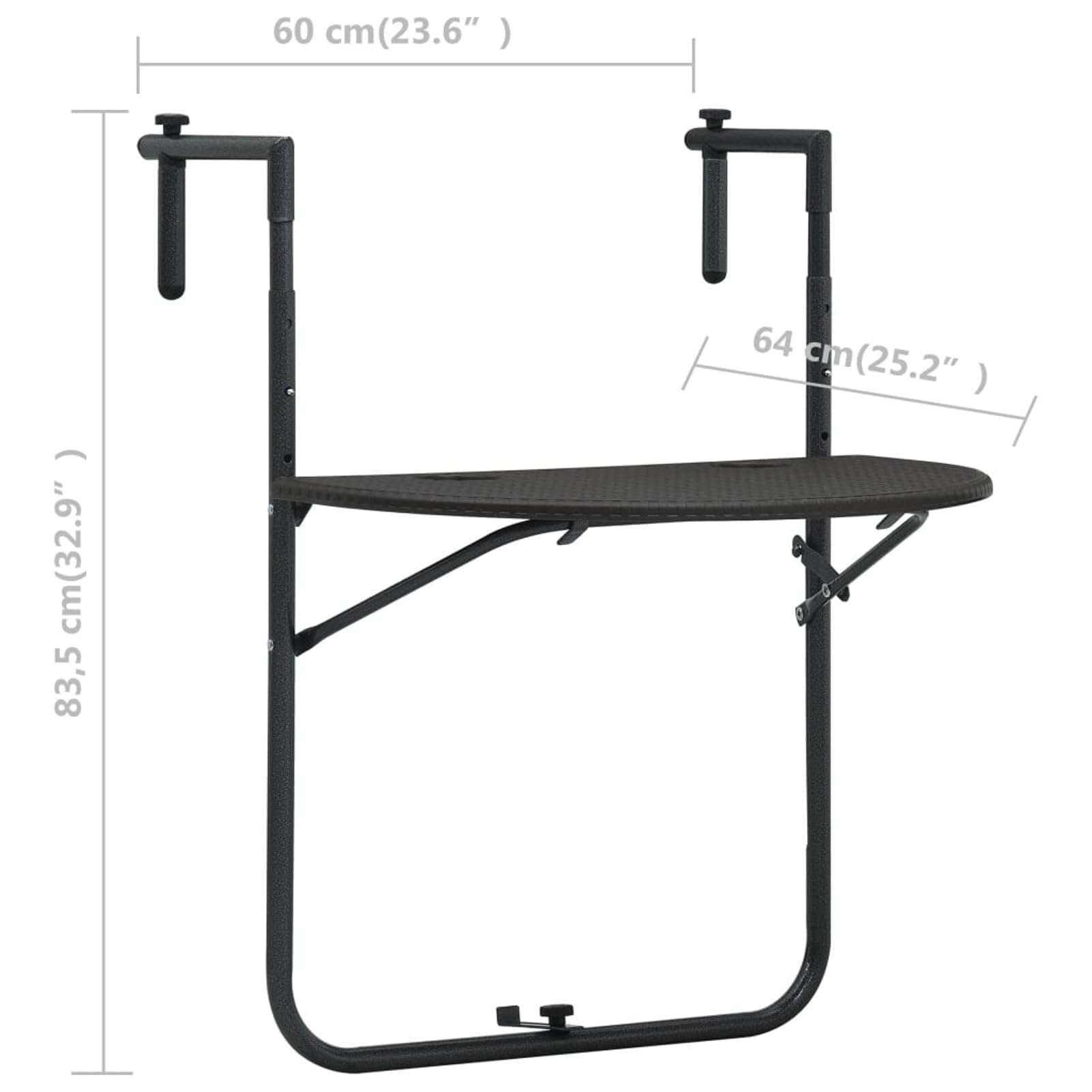 Tavolo da Balcone Pensile Marrone 60x64x83,5cm Plastica Rattan,Tavolino da Balcone Pieghevole, Tavolo da Appendere per Giardino, Terrazza, Cortile, Tavolino da Esterno