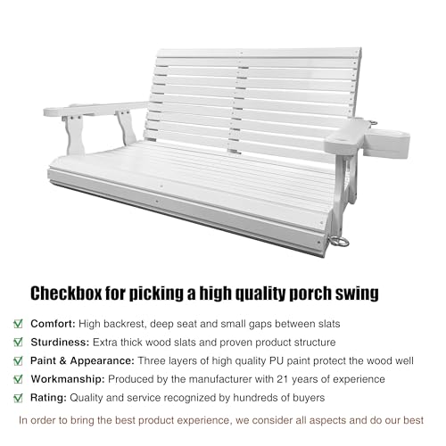 Image of Wooden Porch Swing 2-Seater, Bench Swing with Cupholders, Hanging Chains and 7mm Springs, Heavy Duty 800 LBS, for Outdoor Patio Garden, Pure White, 4 FT Extra Large