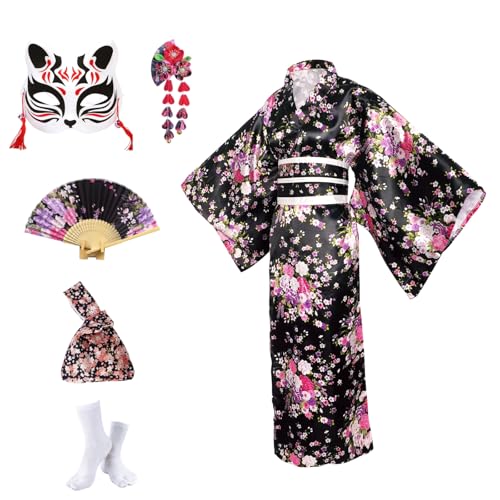 KRUIHAN Kit Kimono Japonés Mujer en Caja de Regalo–Disfraz Geisha Yukata Satinada Sakura Negra,Obi,Abanico,Máscara Kitsune y Bolsa Nudo Japonés–Traje Tradicional para Cosplay,Fiesta y Carnaval