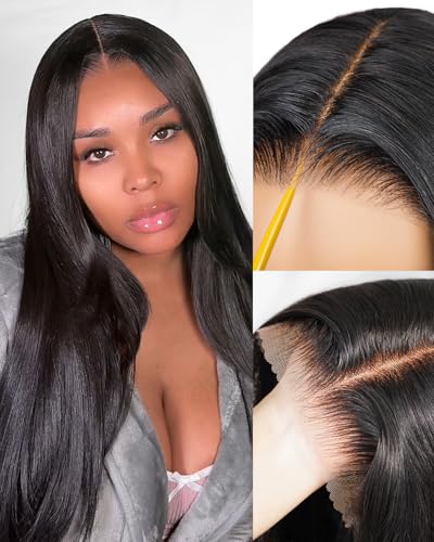 TESLAL Blend Wigs Human Hair Glueless Wear and Go Glueless Wigs Human Hair Pre Plucked Pre Cut Layered Wig Straight 6X6 Synthetic and Human Hair Blend Wig 20Inch Black Color 260% Density