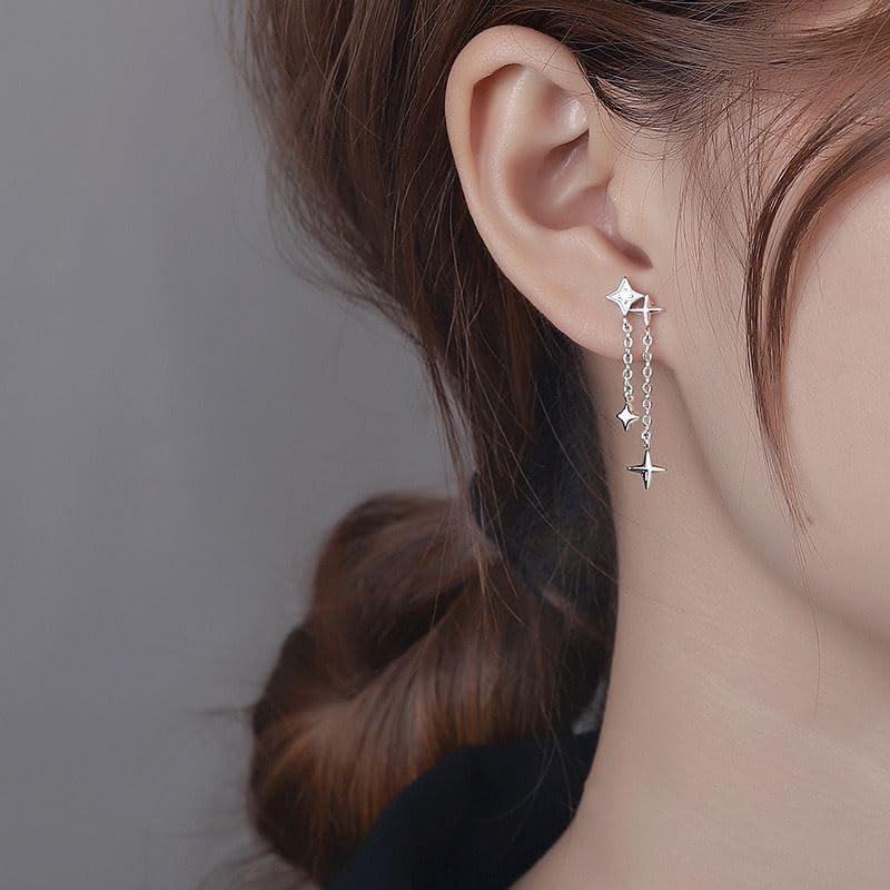 Sterling Silver Star Cross Chain Dangle Dangling Drop Earrings2