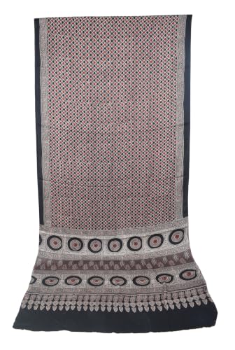 Image of Ethnics of Kutch Womenss Ajrakh Modal Silk Natural Dye Hand Block Print Saree with Blouse Piece - 5.5 Mtr Length