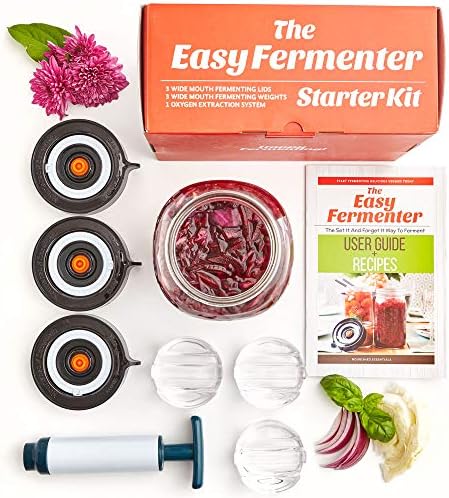Easy Fermenter Fermentation Kit (3 Fermentation Lids + 3 Glass Fermentation Weights + Pump) – Pickling kit Use for Sauerkraut kit, Kimchi kit, Pickles, Vegetable Fermenting Kit in Wide Mouth Pickling Jar. Great fermentation and Pickling Equipment.