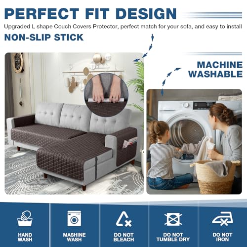 Image of TAOCOCO Sectional Couch Covers 100% Waterproof L Shaped Sofa Covers for Right Hand Facing Chaise Lounge, 2 Pieces Couch Cover L Shape Furniture Protector Slipcover for Pets Kids, Small /Chocolate