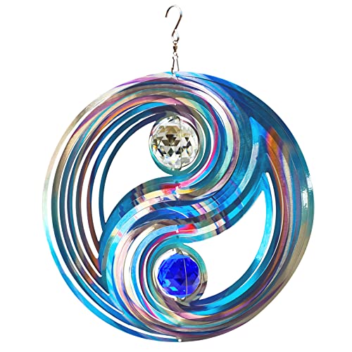 FONMY Mandala Wind Spinner w/Crystal Ball-Fengshui 3D Stainless Steel Hanging Spinners Worth Gift Christmas Decoration Indoor/Outdoor Garden Décor Kinetic Yard Art 12 Inches Wind Sculpture