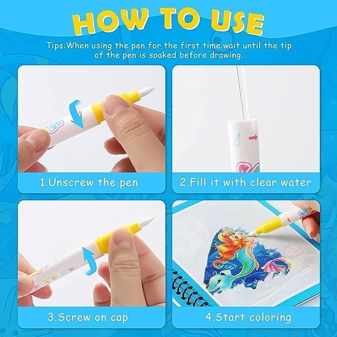 (4 Pack) Magic Water Book for Kids with Magical Water Doodle Pen, Reusable Self Drying Water Painting Books, Best Montessori Toy Gift, Age 3+ Years 2