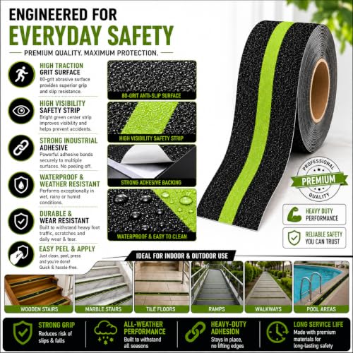 Image of YORWE Anti Slip Stair Tape with Glow in the Dark Strip - Heavy Duty Waterproof Non Slip Traction Tape for Stairs, Steps, Outdoor & Indoor Safety (Black and Green, 15 Meter)