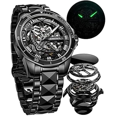 OUPINKE Man Watch Black Automatic Skeleton Wristwatch Luminous 3D Dial with Waterproof Tungsten Steel Strap Sapphire Crystal Cover