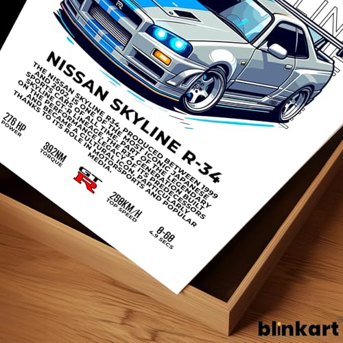 Image of BLINKART Nissan Skyline GT-R R34Car Posters Sticker Gift Items for Boys Room Wall Decor || Comes with Double-Sided Tape|| Decoration Bedroom Living Room Office Studio Decor | 12x18 In (A3) - CAR-266