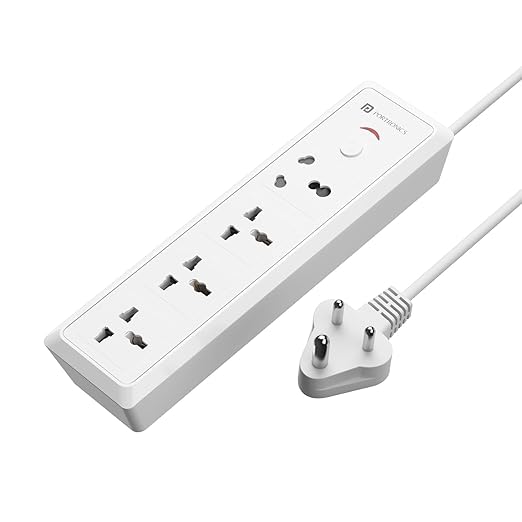 Portronics Power Plate 17 Extension Board with 4 Universal Sockets, 3840 Watts, 3m Cord, Resettable Fuse, Safety Shutter, 1-Socket 16A + 3-Socket 6A, Multi Plug for Home Appliances (White)