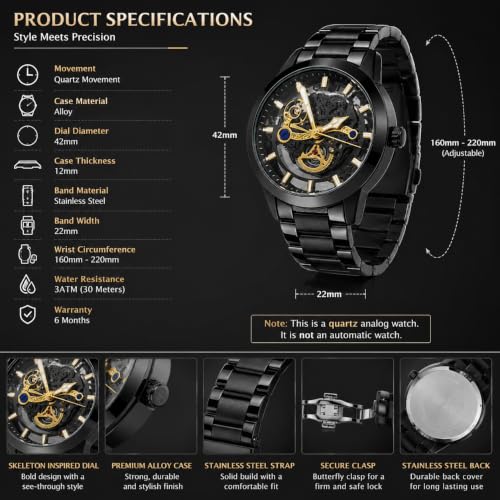 Image of Skeleton Automatic Watch for Men, Mechanical Self Winding Analog Wrist Watch, Black Stainless Steel Chain Strap, Luxury Gold Accent Dial, Waterproof 3ATM, Luminous Hands, Premium Mens Silver Watch