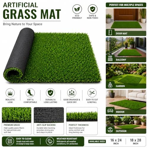 Image of Premium Artificial Grass Mat for Balcony, Garden & Entrance | Soft Anti-Slip Washable Green Turf Floor Mat for Indoor Outdoor Home Decor | Synthetic Lawn Mat | Medium | 16 X 24