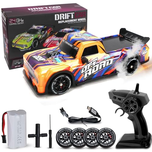WILD & WITTY RC Drift Car 2.4 GHz with Wireless Remote Control, Turbo Drift Tires, High & Low-Speed Modes, Rechargeable Battery, Forward-Backward Motion, Replacement Wheels, Scale 1/16 (Orange)