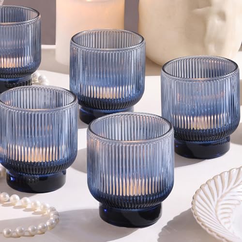 Blue Votive Candle Holders Set of 6-2.55" x 3" Gradient Glass Tea Light Candle Holder with Stylish Ribbed Design, Large Votive Holders for Wedding Centerpieces, Fall, Vintage Party or Home Decor by LAMORGIFT - Used condition - US$21.59