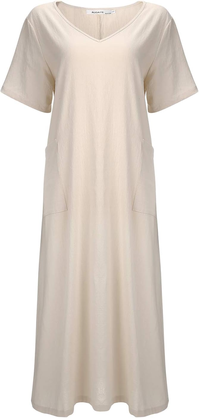 Women's Maxi Dress Solid Plus Size Loose Cotton Linen Long Dresses with Pockets - Image 4
