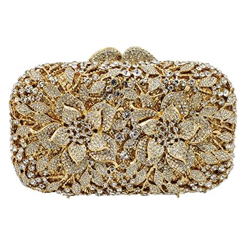 Boutique De FGG Double Flowers Women Crystal Clutch Evening Bags Wedding Party Rhinestones Handbags and Purses, Gold&silver, Small Cover