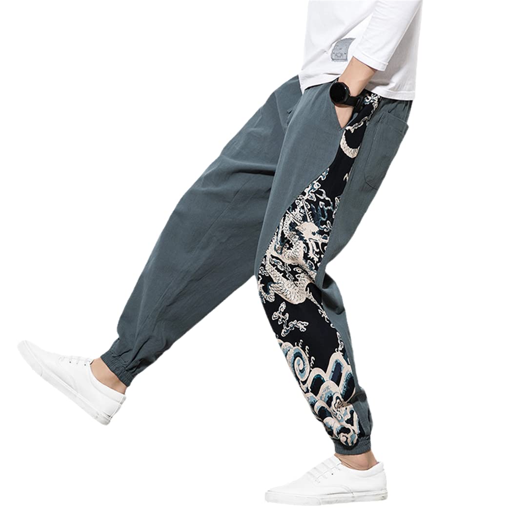 Tradizionale Stile Giapponese Haori Harem Pantaloni per gli Uomini Casual Cotone Lino Pantaloni Uomo Adulto Stampa Drago Cinese Kimono Grigio 4XL