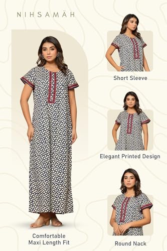 Image of NIHSAMAH Cotton Nighty for Women with Pocket, Premium Printed Long Nighty | Comfortable & Fancy Sleepwear /Nightwear