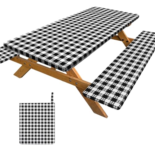 pickyNproud Picnic Table Cover with Bench Covers Portable Table Cloth Built-in Storage Pocket Picnic Table Covers with Elastic Waterproof Camping Essentials for RV Camping