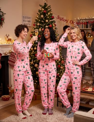 Ekouaer Womens Pajama Sets Long Sleeve Pjs Pink Santa Christmas Print XS - image 5