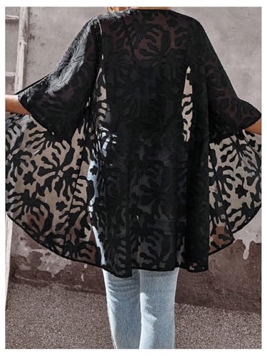OYOANGLE Women's Lace Sheer Open Front Cardigan 3/4 Sleeve Lightweight See Through Jacket2