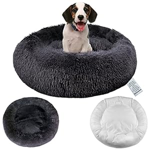 Calming Dog Bed with Removable Cover, Washable Donut Anti Anxiety Dog Beds, Soft Round Cuddler Cat Bed, Fluffy Plush Comfy Warm Puppy Pet Bed with Zip for Small Medium Dogs, 50cm Dark Grey