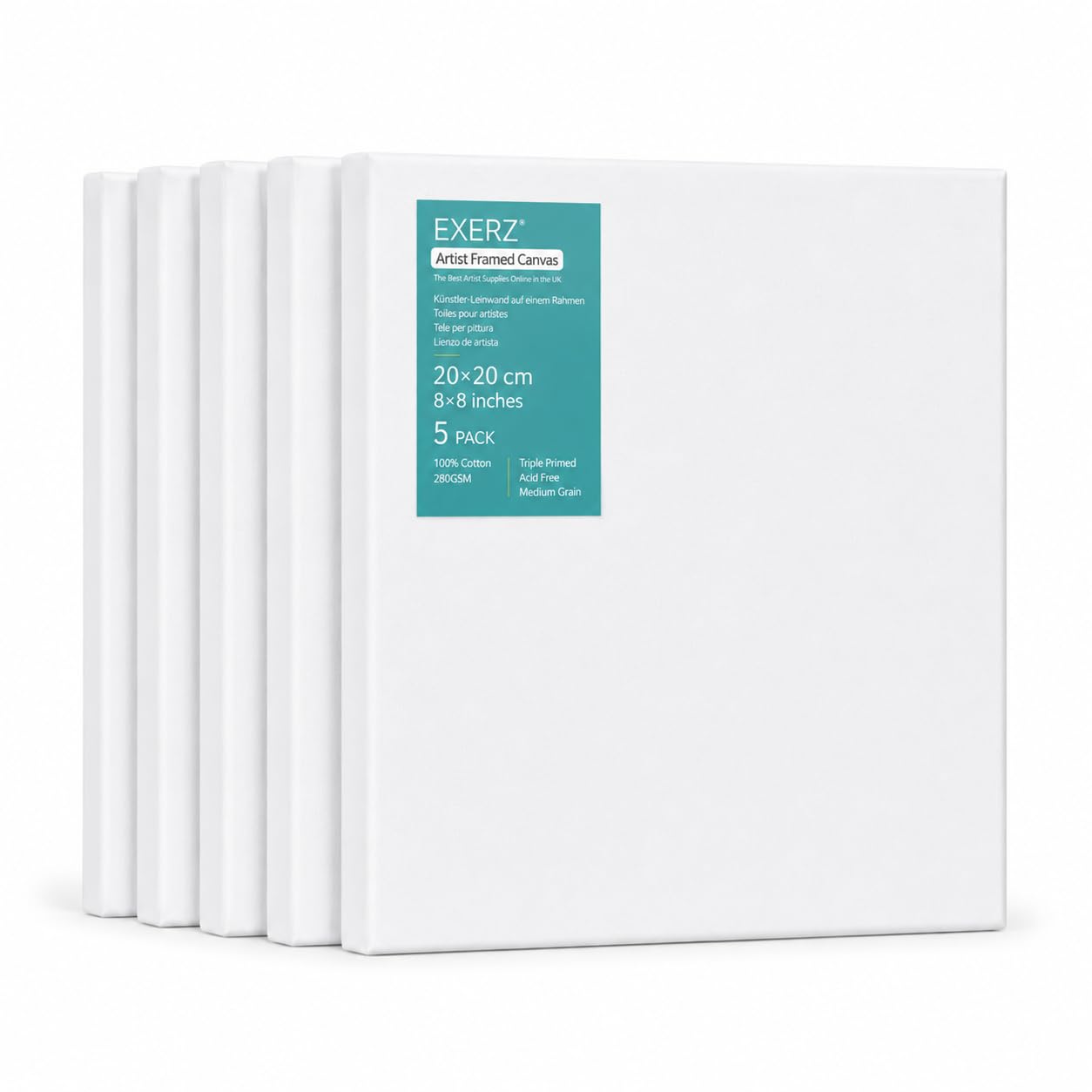 EXERZ 20x20cm Stretched Canvas 5pk - Square Framed Blank Canvas 1.7cm 280GSM 100% Cotton/Triple Primed/Acid Free/Medium Grain - Acrylic & Oil