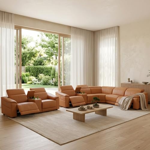Image of Power Recliner Sectional Sofa, L-Shaped Living Room Furniture Set, Reclining Sectional Couch with Storage Console /Cup Holder for Living Room /House /Apt (Light Brown, Sectional+Loveseat)