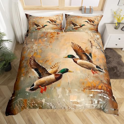 jejeloiu Kids Mallard Duck Bedding Set Toddler Size, Duck Hunting Comforter Cover Boys Girls Wild Animal Duvet Cover Western Farmhouse Teens Bedspread Cover Bedclothes Zipper (No Comforter)