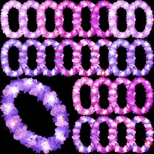 Sherr 24 Pcs LED Light Pink Purple Leis Light up Wedding Hawaiian Leis Flower Necklace with LED Lights Beach Tropical Carnival Party Wedding Supplies Luau for Masquerade