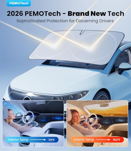 Image of PEMOTech 2026 Upgraded Windshield Sun Shade Cover for Privacy | Overlapping Leather Protection Car Window Shades | Sunburn Blocker & Rear View Mirror Compatible | 64''x32'' for Toyota /Chevy /Honda