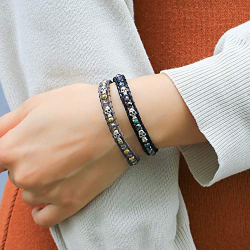 Image of KELITCH 925 Silver Skull Bracelets Wrap Bracelets Women Crystal Beaded Bracelets on Natural Leather