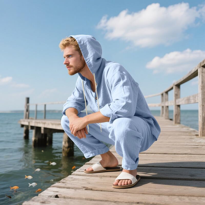 Men's 2 Pieces Cotton Linen Set Casual Long Sleeve Henley Shirts Beach Yoga Pants Summer Outfits - Image 4