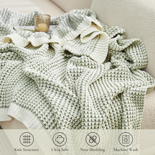Amélie Home Waffle Chenille Throw Blanket for Couch, Pineapple Stitch Knit Soft Cozy Knit Blanket Decorative Throw for Sofa, Chair, 50"x60", Sage Green&Ivory