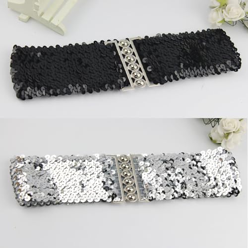 2 Pack Women Wide Elastic Belts Shiny Glitter Bling Sparkly Sequin Belt Retro Cinch Belt Waistband for 70s 80s Costume Party Disco Outfit Sparkle Flare Jumpsuit Halloween Cosplay Sequins Dress4