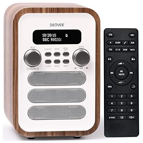 Denver DAB-48 Bluetooth DAB Radio With Remote Control - DAB/DAB+ Digital Radio Mains Powered - DAB Bluetooth Radio Speaker - DAB Alarm Clock - White With Large Remote Control Cover