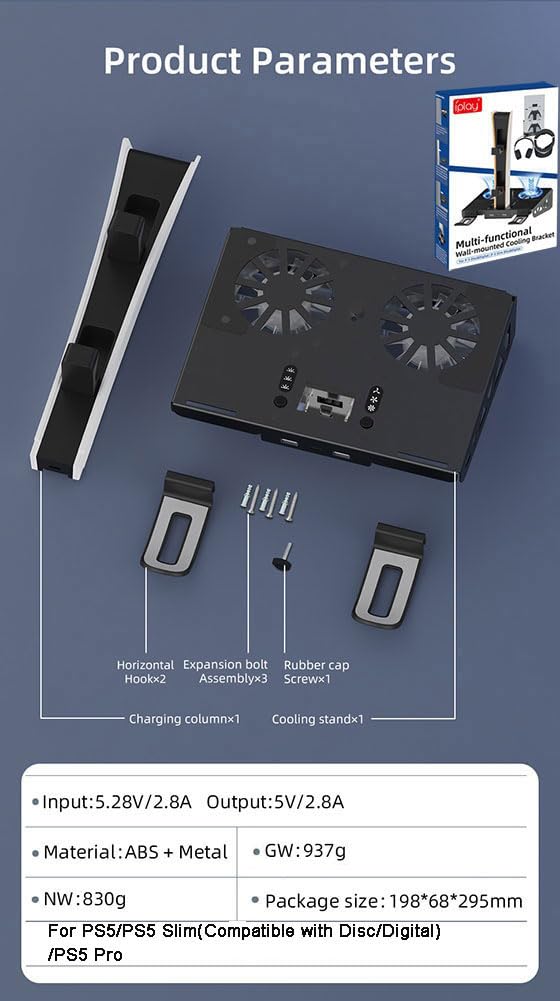 Soporte de pared para PS5/PS5 Slim/PS5 Pro, kit con ventilador de refrigeración y estación de carga, soporte flotante para PS5/PS5 Slim/Disc y consola digital/PS5 Pro, con soporte de pared